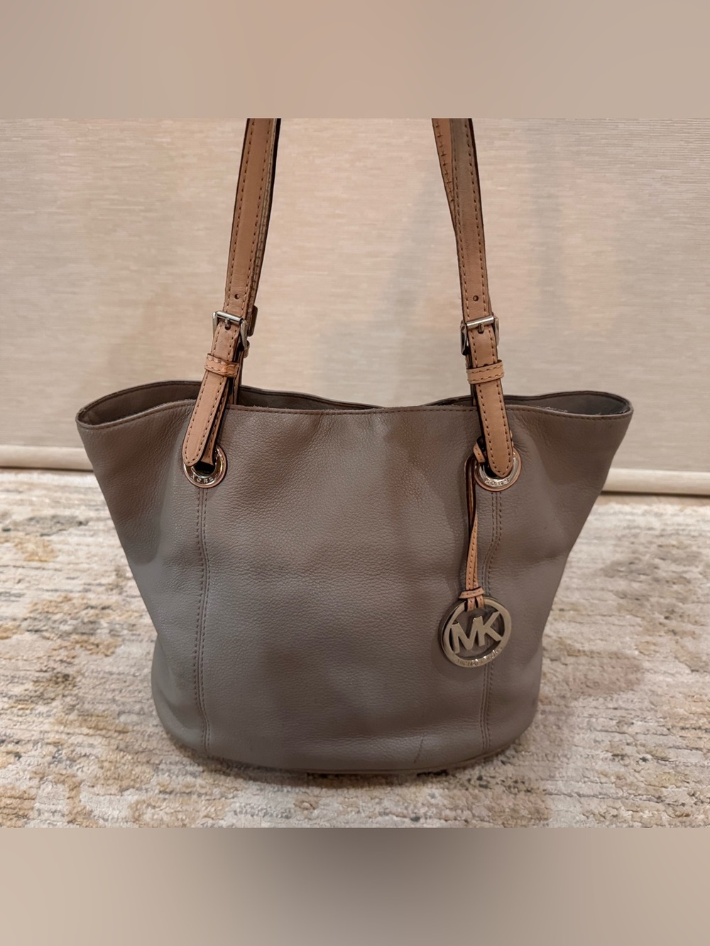 Michael Kors Gray Leather Shoulder Bag with Tan Straps